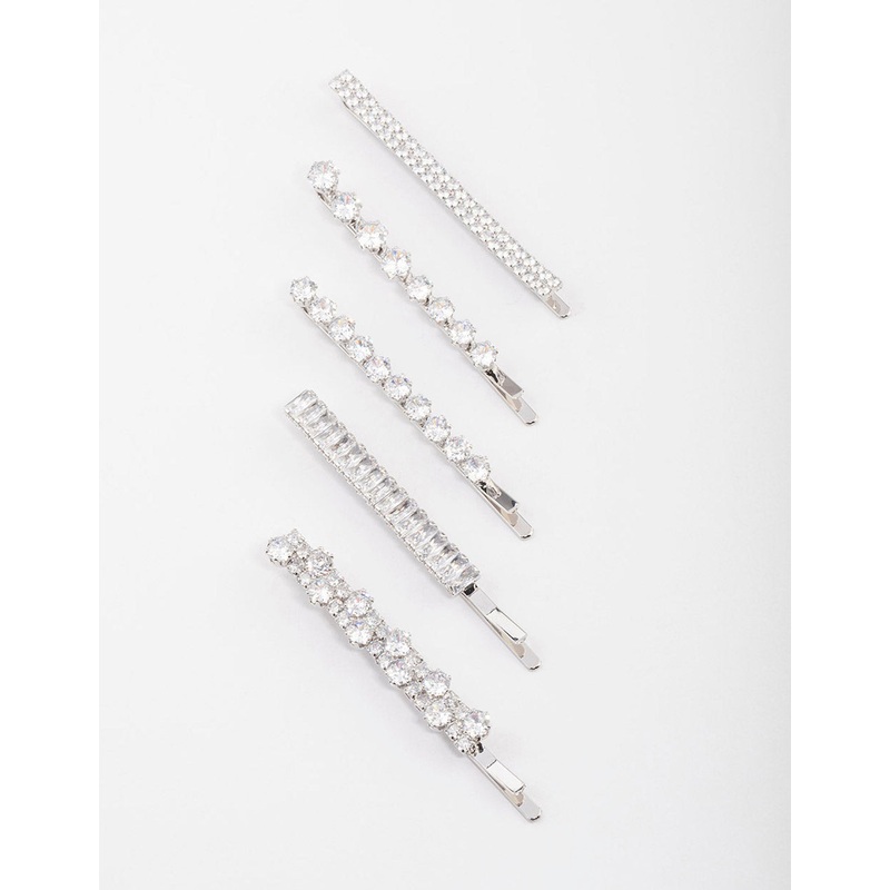 Silver Cubic Zirconia Mixed Stone Hair Clips 4-Pack