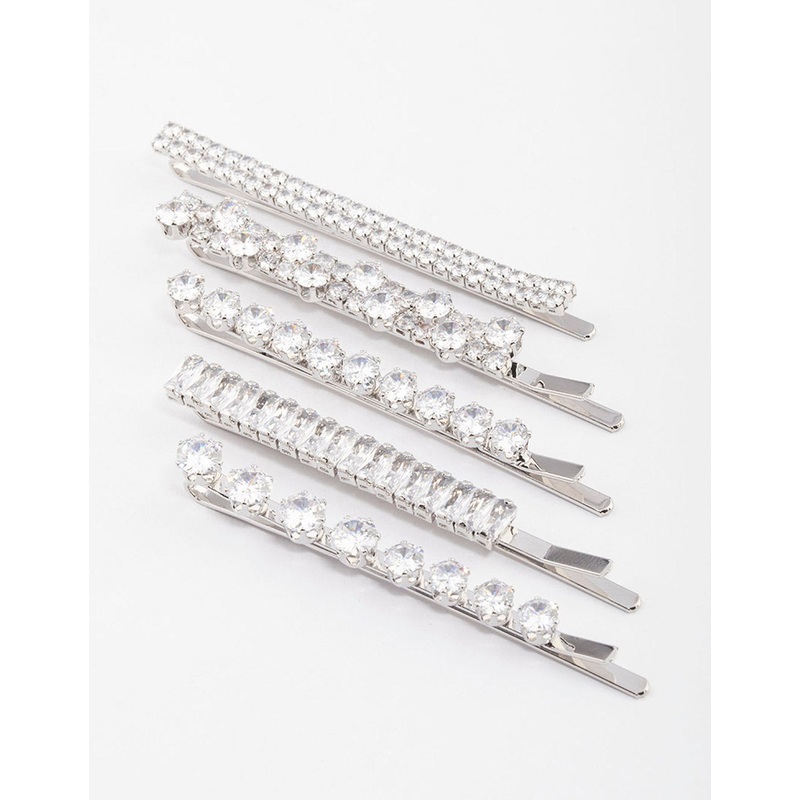 Silver Cubic Zirconia Mixed Stone Hair Clips 4-Pack