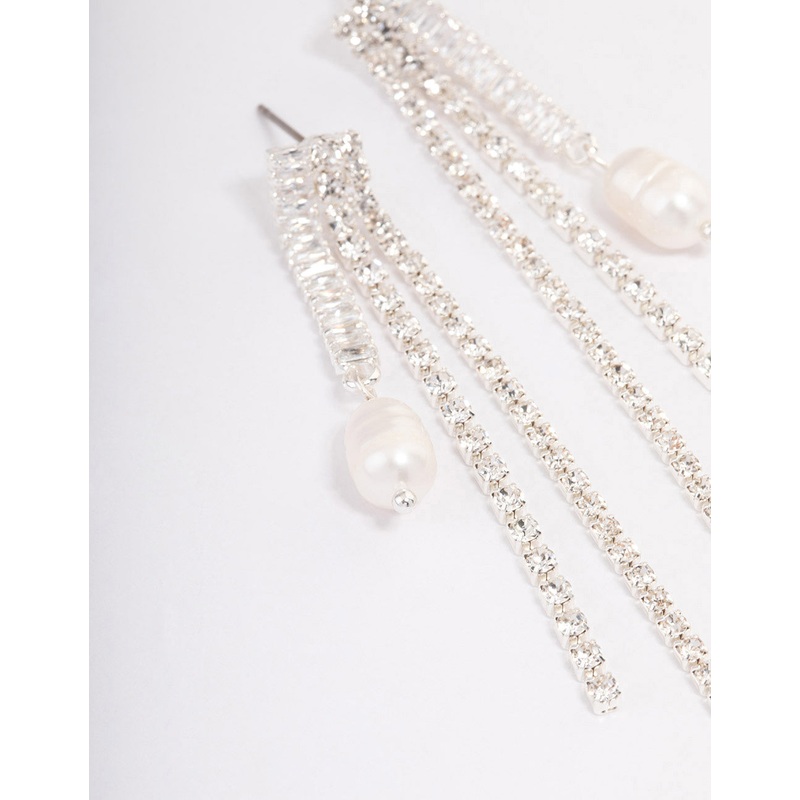 Silver Plated Cubic Zirconia Cupchain Pearl Drop Earrings
