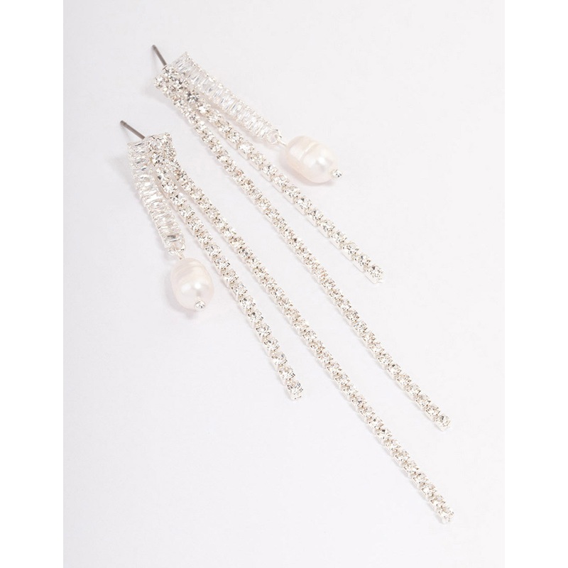 Silver Plated Cubic Zirconia Cupchain Pearl Drop Earrings