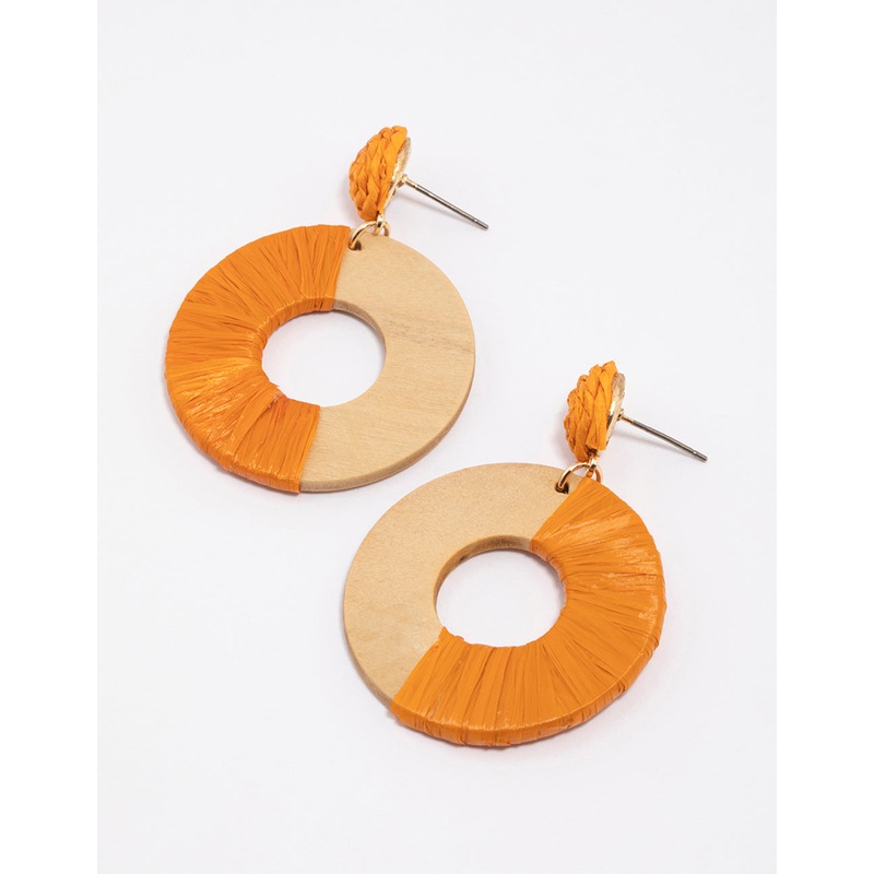 Wood Round Disc Raffia Earrings