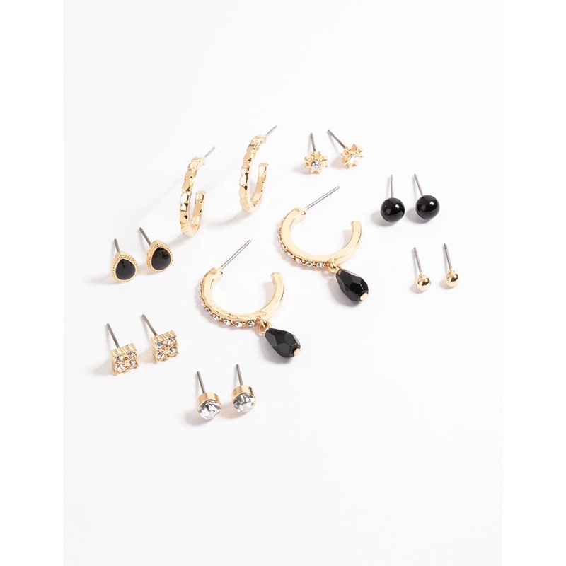Gold Diamante & Stone Stud & Hoop Earrings