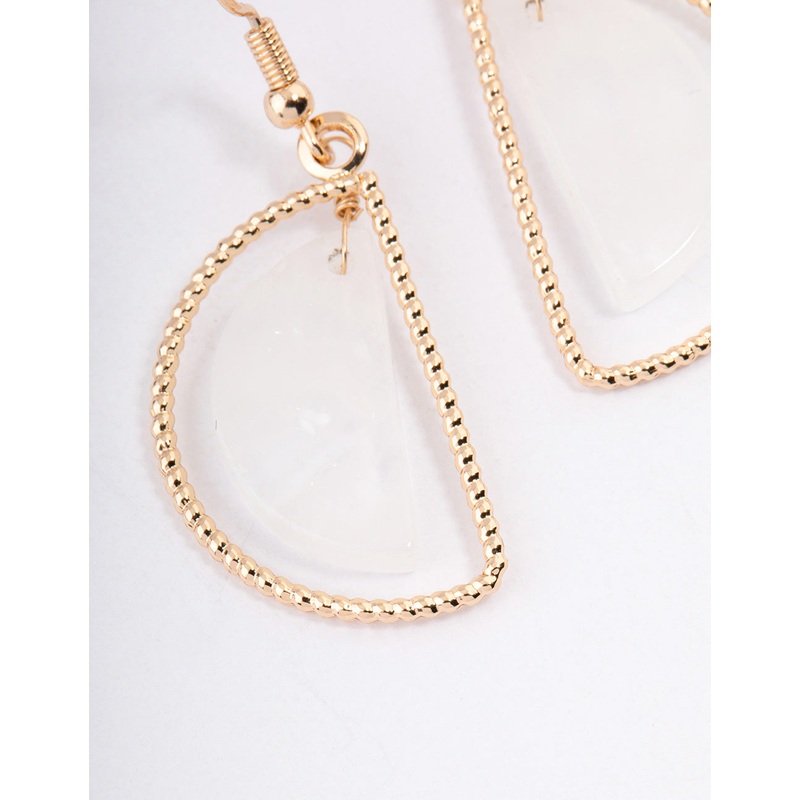 Gold Clear Quartz Half Circle Drop Earrings