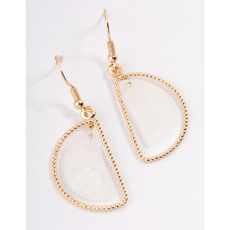 Gold Clear Quartz Half Circle Drop Earrings