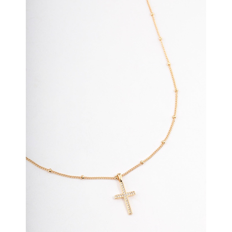 Gold Plated Brass Cubic Zirconia Paved Cross Necklace