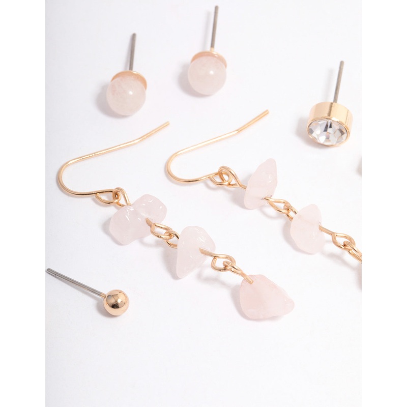 Gold Rose Quartz Diamante Drop Stacker Earrings