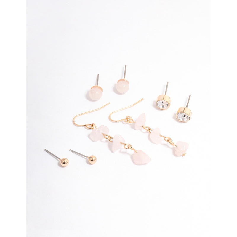 Gold Rose Quartz Diamante Drop Stacker Earrings