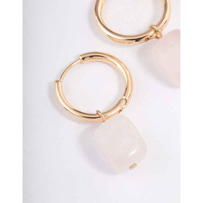 Gold Rose Quartz Square Pendant Huggie Earrings