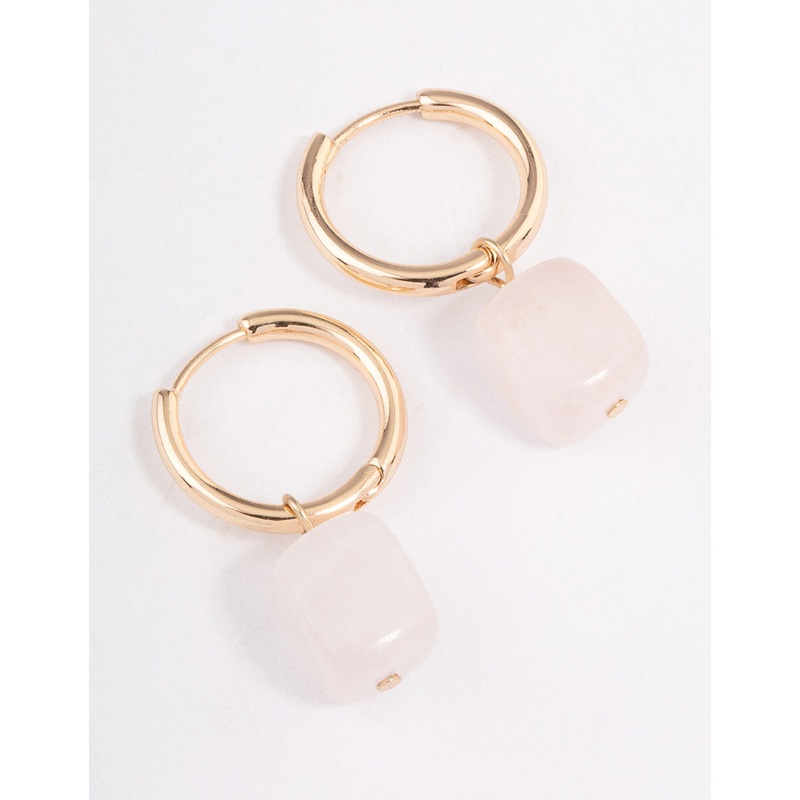 Gold Rose Quartz Square Pendant Huggie Earrings