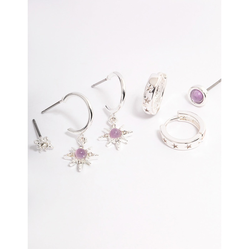 Silver Amethyst Starburst Stacker Earrings