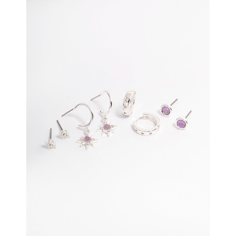 Silver Amethyst Starburst Stacker Earrings