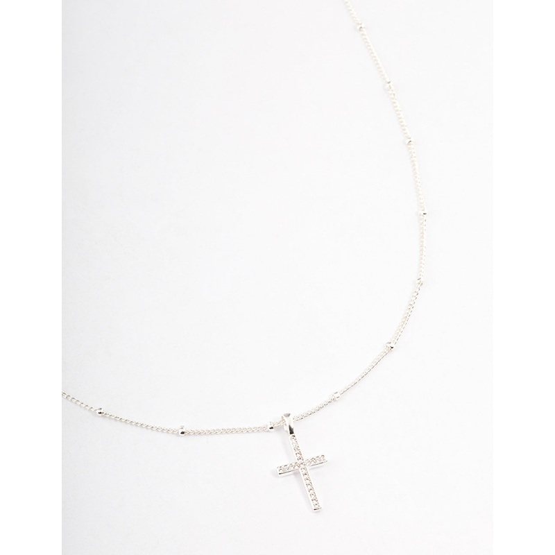 Silver Plated Brass Cubic Zirconia Pave Cross Necklace