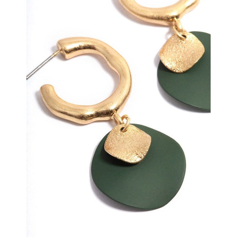Worn Gold Double Disc Charm Hoop Earrings