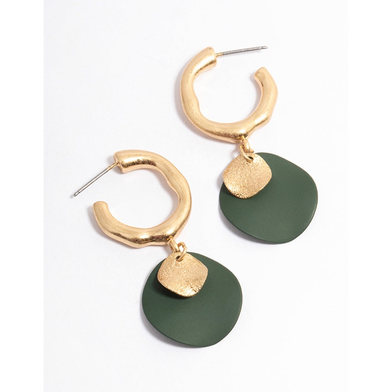 Worn Gold Double Disc Charm Hoop Earrings