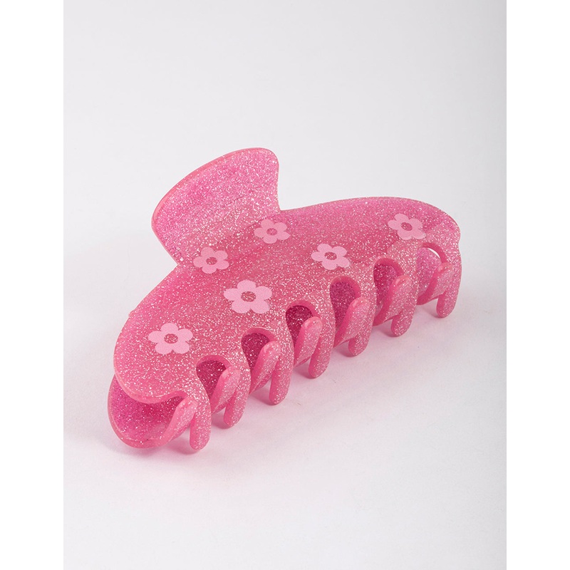 Acrylic Pink Glitter Flower Claw Clip