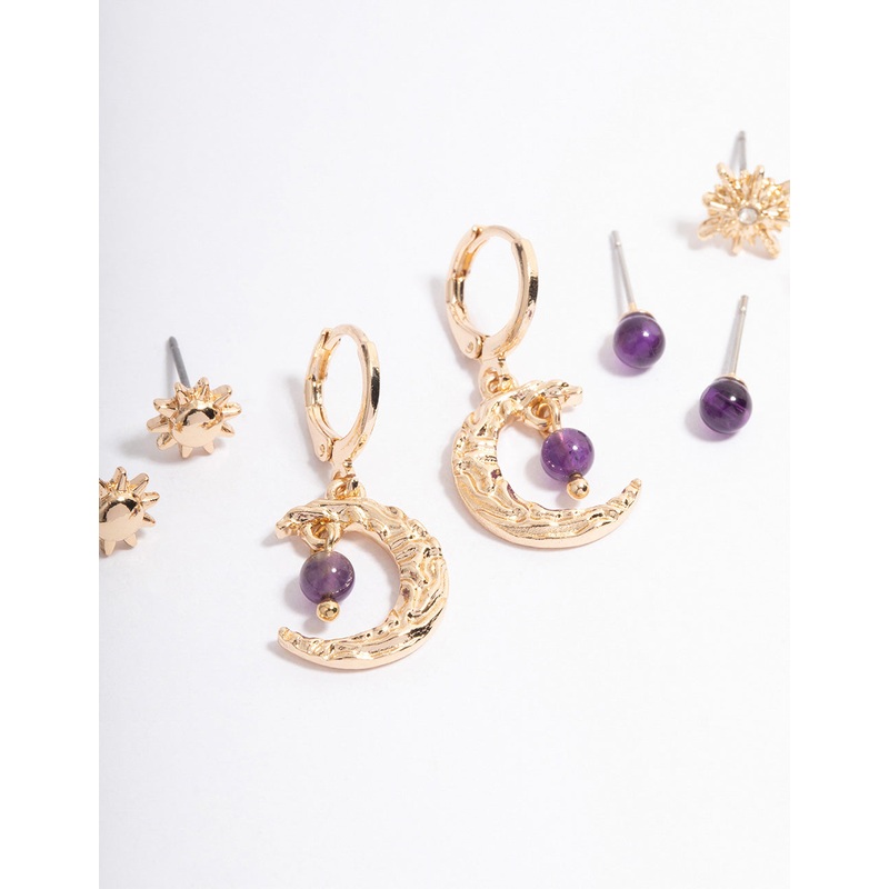 Gold Amethyst Mixed Star & Moon Stacker Earrings