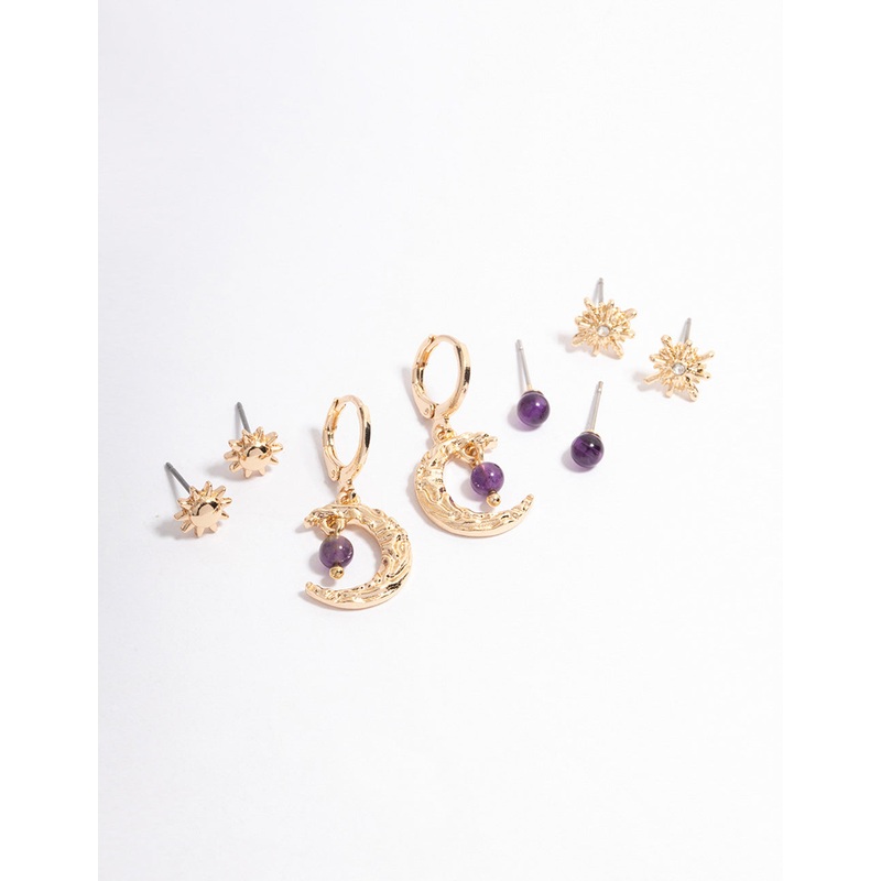 Gold Amethyst Mixed Star & Moon Stacker Earrings
