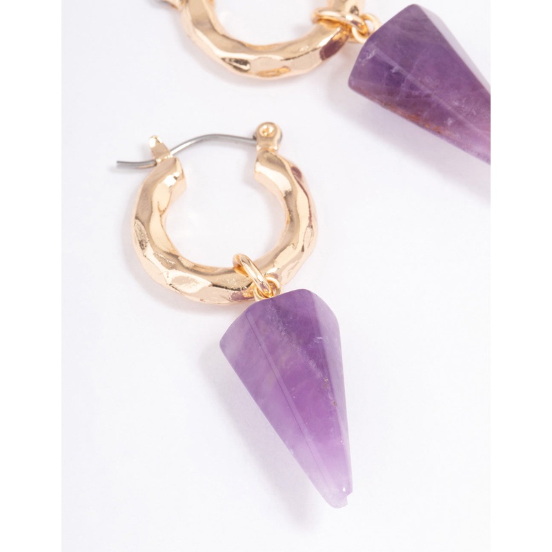 Gold Amethyst Triangle Hoop Earrings