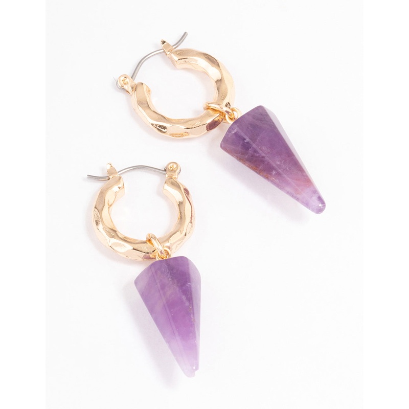 Gold Amethyst Triangle Hoop Earrings