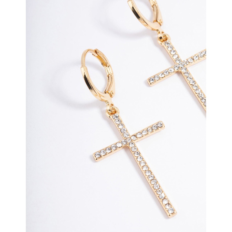 Gold Plated Diamante Large Cross Drop Earrings
