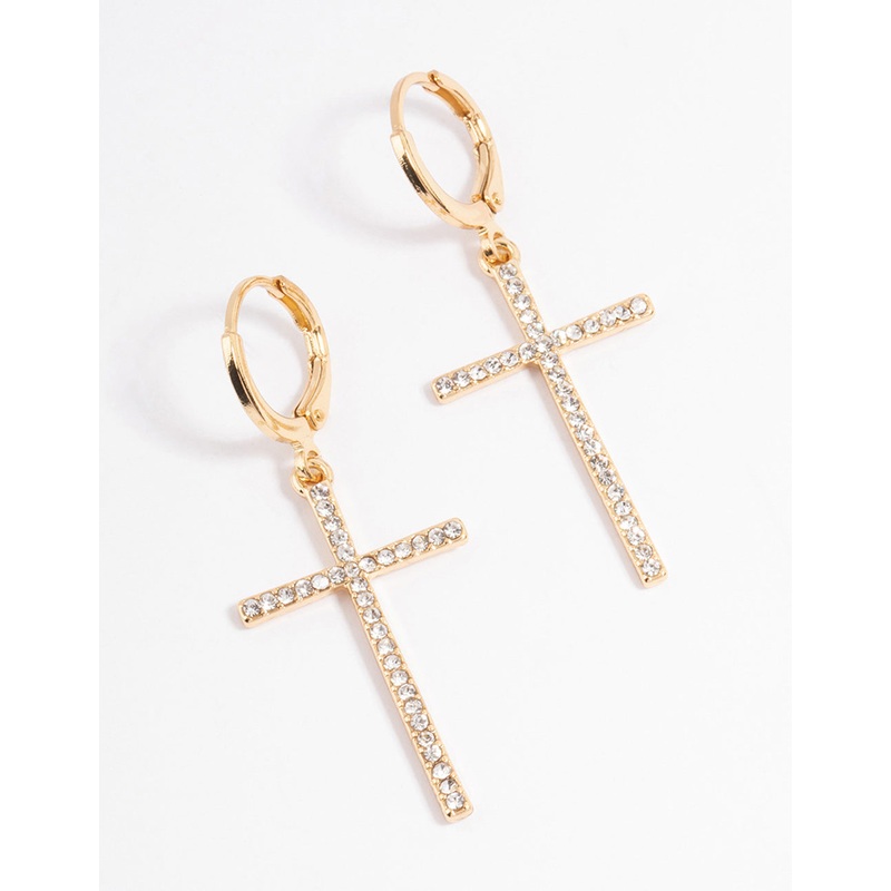 Gold Plated Diamante Large Cross Drop Earrings