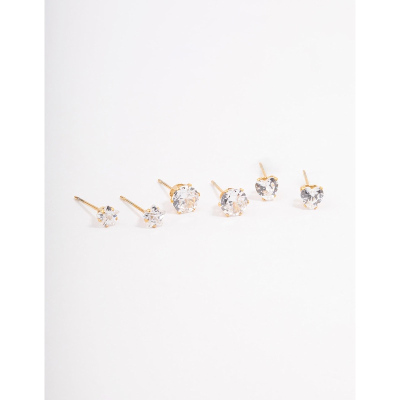 Waterproof Gold Plated Stainless Steel Star & Heart Stud Earrings Pack