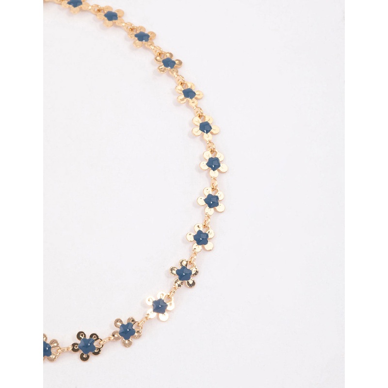 Gold Mini Blue Flower Chain Anklet