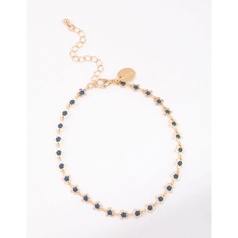 Gold Mini Blue Flower Chain Anklet