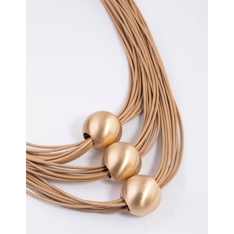 Gold Wax Cord Triangle Ball Layered Necklace