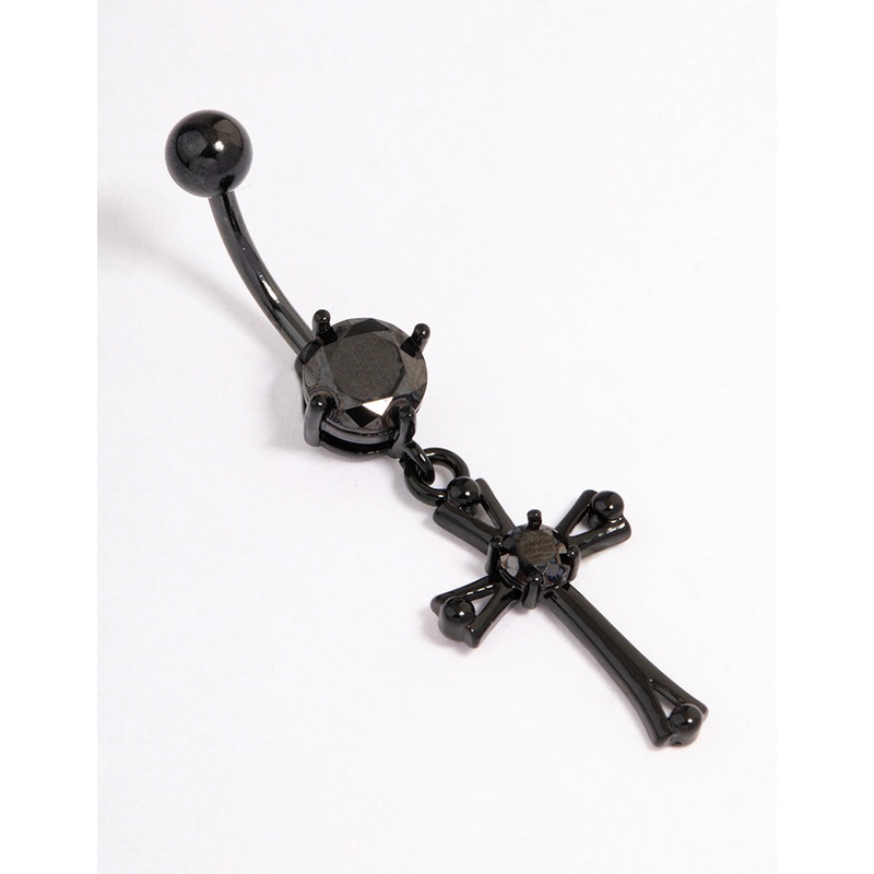 Coated Surgical Steel Cubic Zirconia Cross Drop Belly Ring