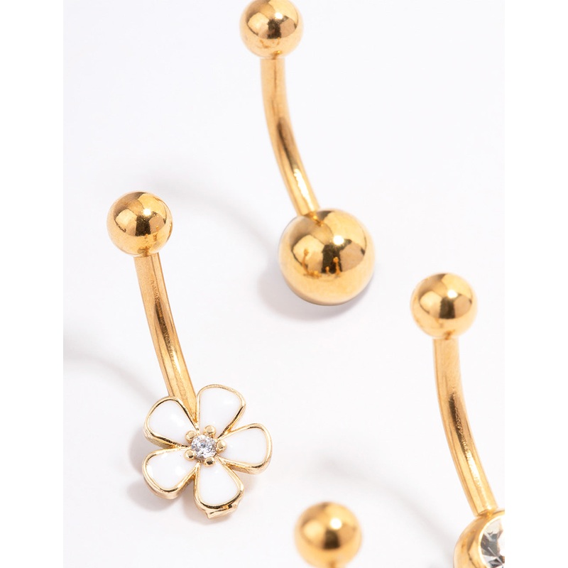 Gold Plated Surgical Steel Bezel & Flower Belly Ring 4-Pack