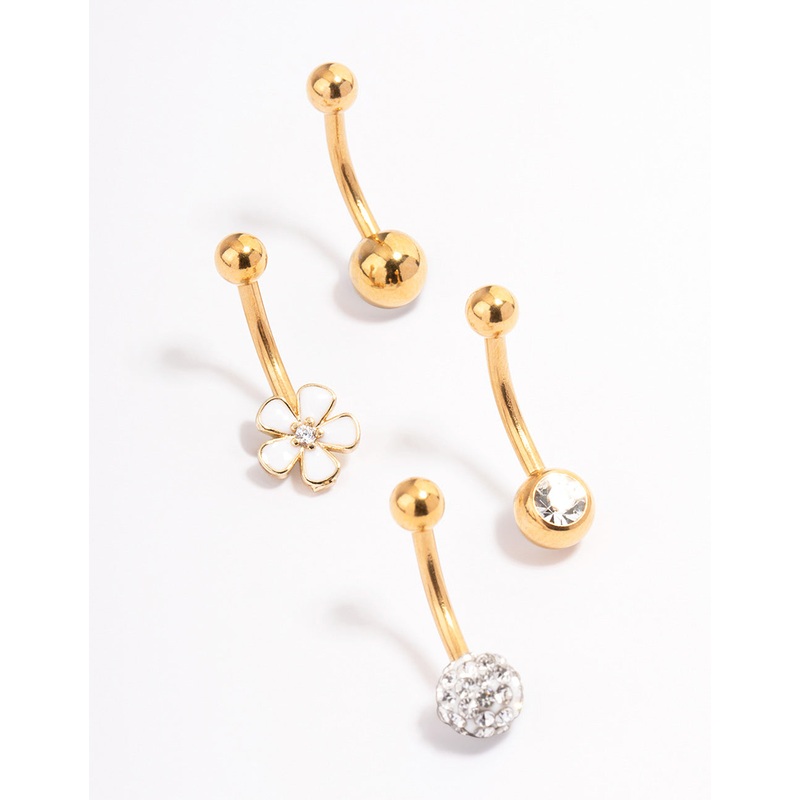 Gold Plated Surgical Steel Bezel & Flower Belly Ring 4-Pack