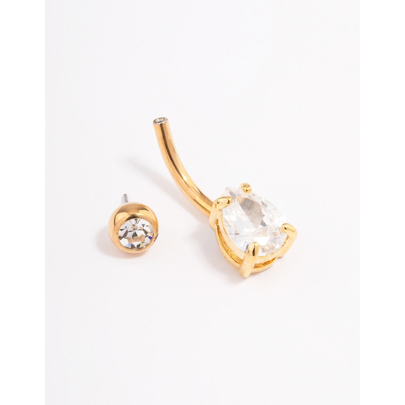 Gold Plated Surgical Steel Cubic Zirconia Bezel & Pear Belly Ring