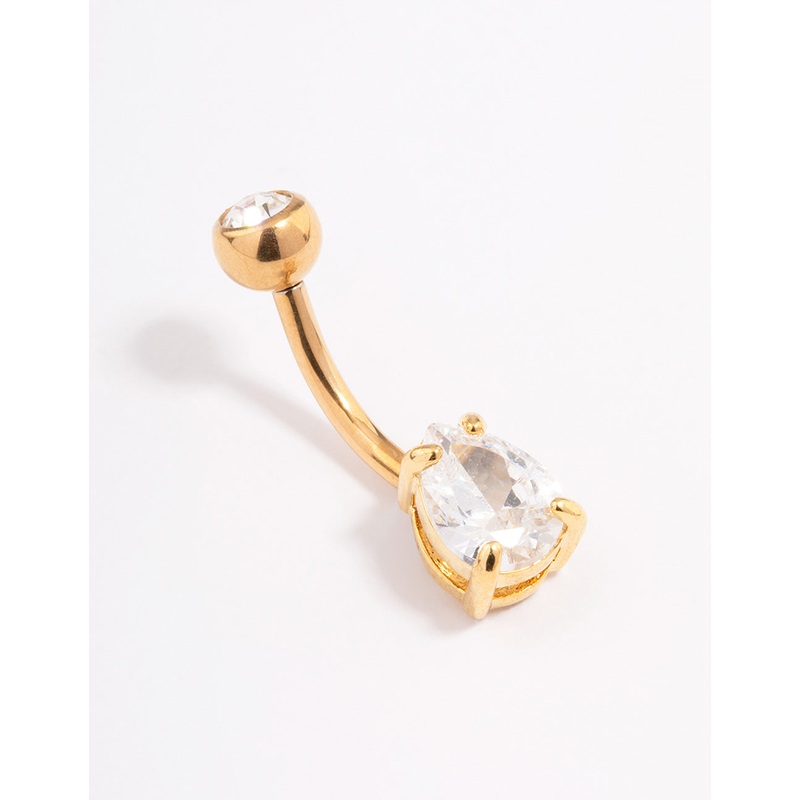 Gold Plated Surgical Steel Cubic Zirconia Bezel & Pear Belly Ring