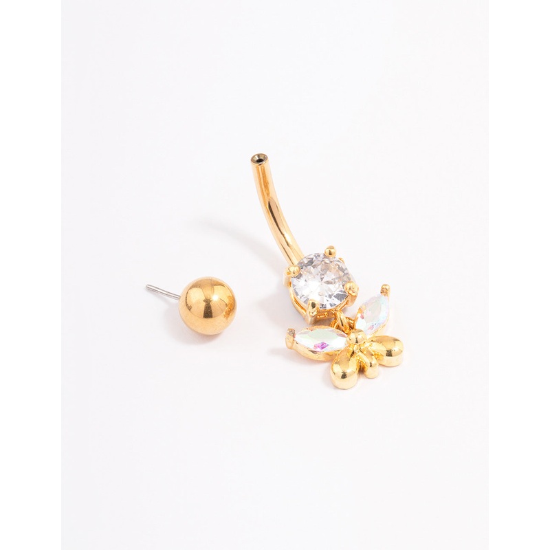 Gold Plated Surgical Steel Cubic Zirconia Butterfly Charm Belly Ring