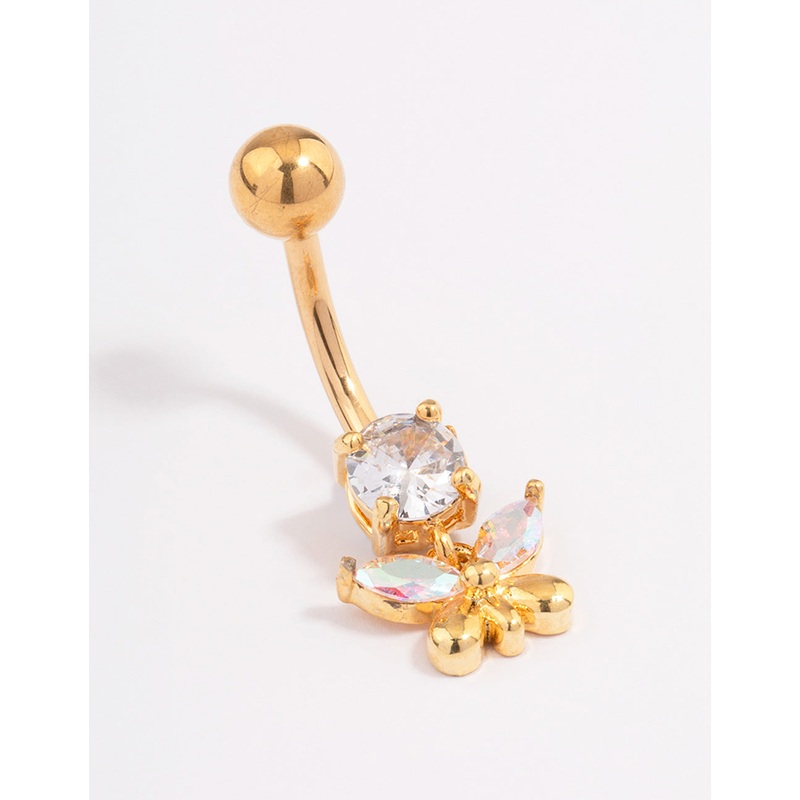 Gold Plated Surgical Steel Cubic Zirconia Butterfly Charm Belly Ring