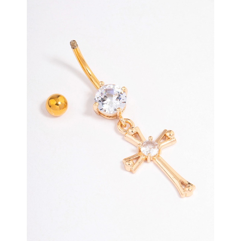 Gold Plated Surgical Steel Cubic Zirconia Cross Drop Belly Ring