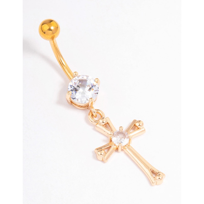 Gold Plated Surgical Steel Cubic Zirconia Cross Drop Belly Ring