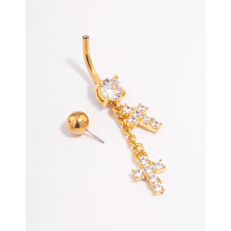 Gold Plated Surgical Steel Double Cross Drop Belly Ring
