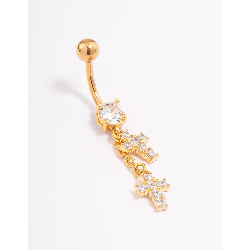Gold Plated Surgical Steel Double Cross Drop Belly Ring