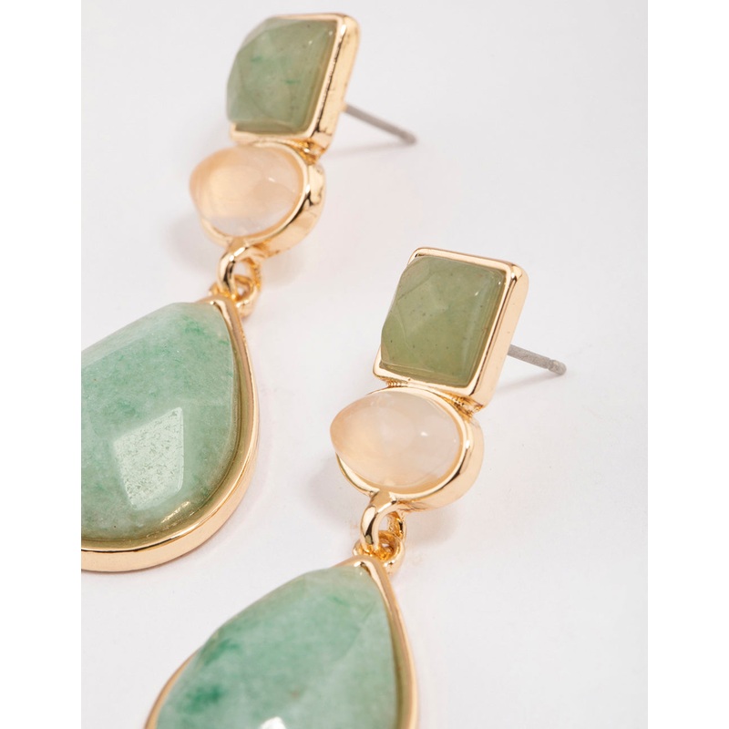Gold Green Aventurine Mixed Shape Drop Earrings
