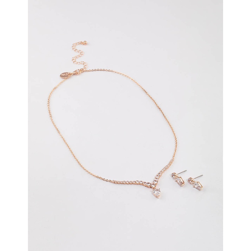 Rose Gold Pear Shape Drop Necklace & Earrings Set