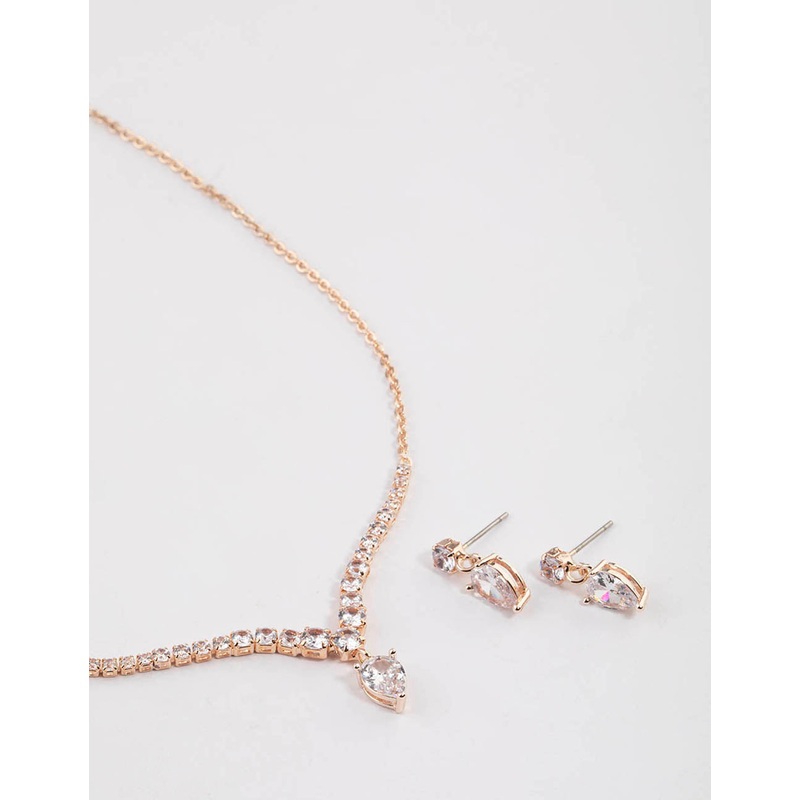 Rose Gold Pear Shape Drop Necklace & Earrings Set