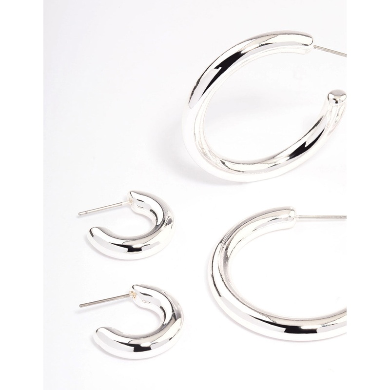 Silver Puffy Mixed Hoop Earrings Pack