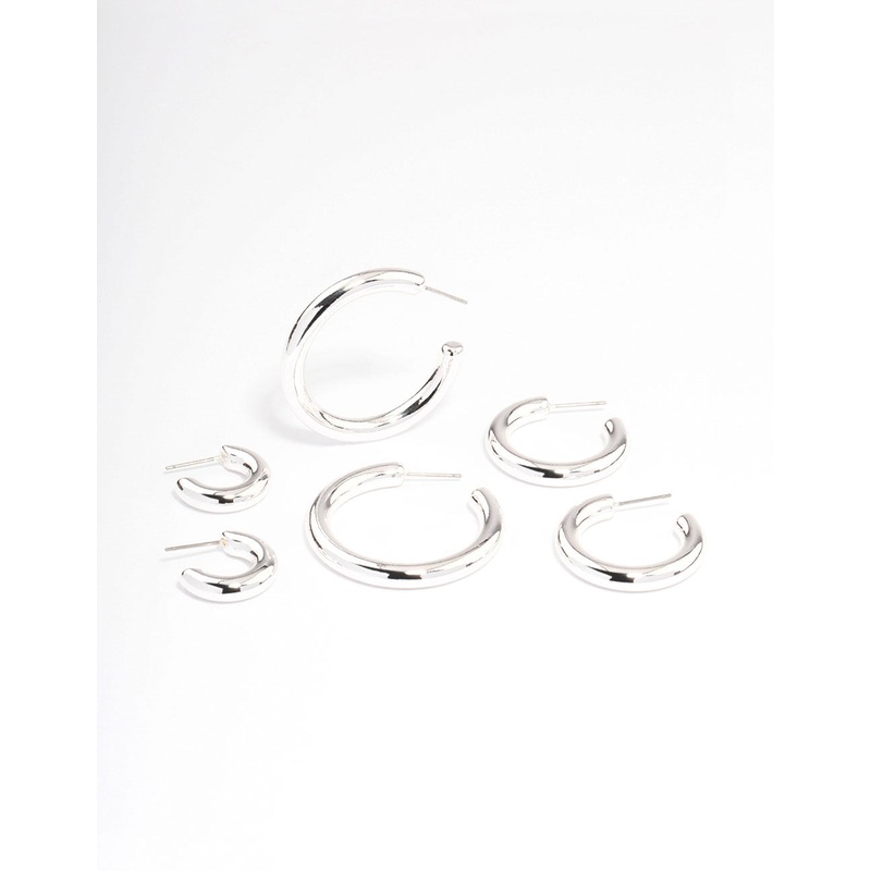Silver Puffy Mixed Hoop Earrings Pack