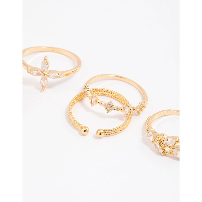 Gold Plated Cubic Zirconia Leafy Mixed Ring 5-Pack