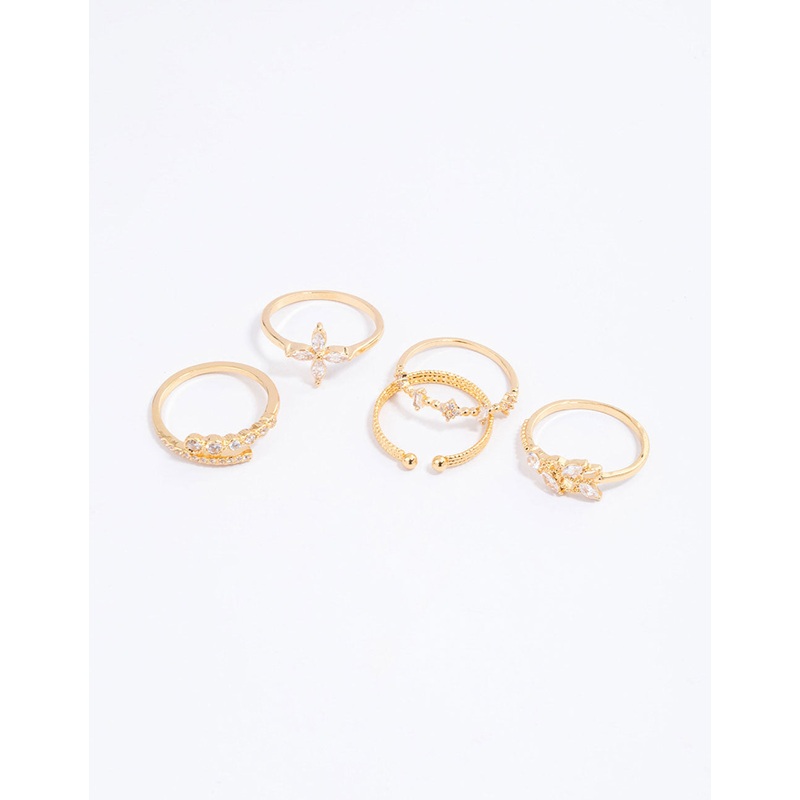 Gold Plated Cubic Zirconia Leafy Mixed Ring 5-Pack