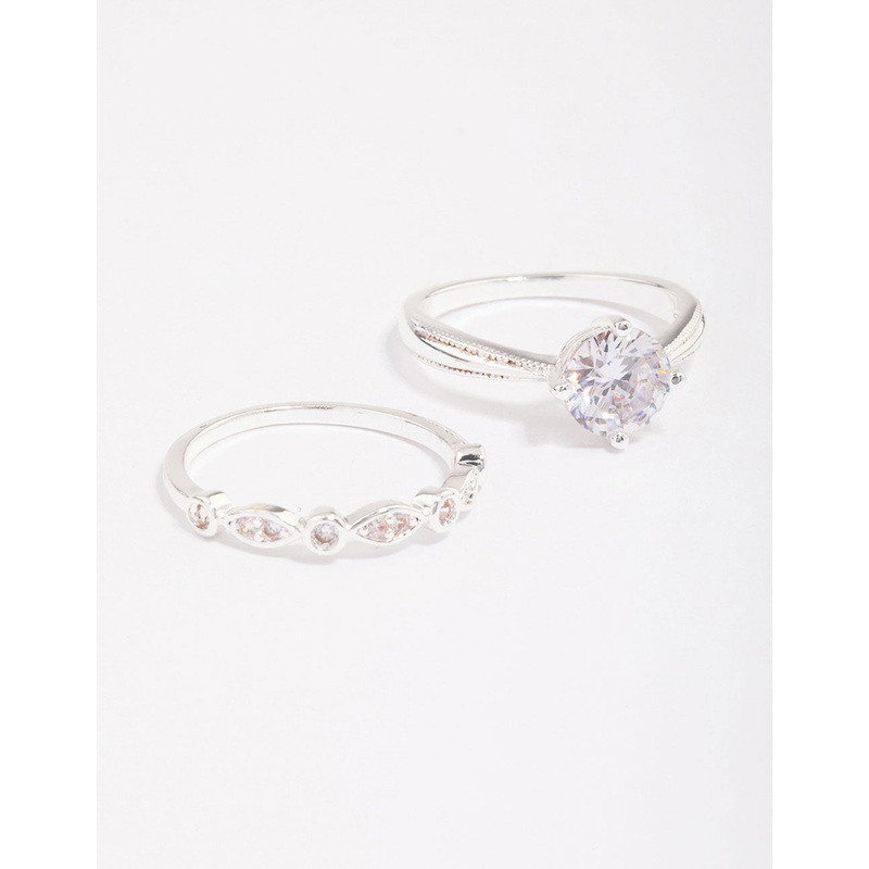 Silver Plated Cubic Zirconia Round Stone Ring Pack