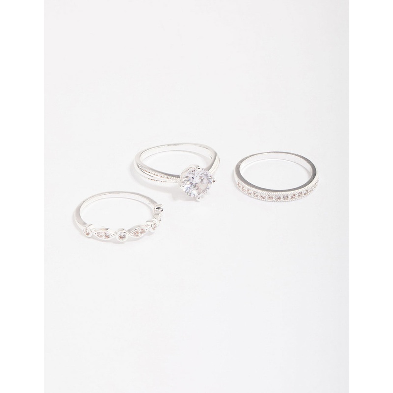 Silver Plated Cubic Zirconia Round Stone Ring Pack