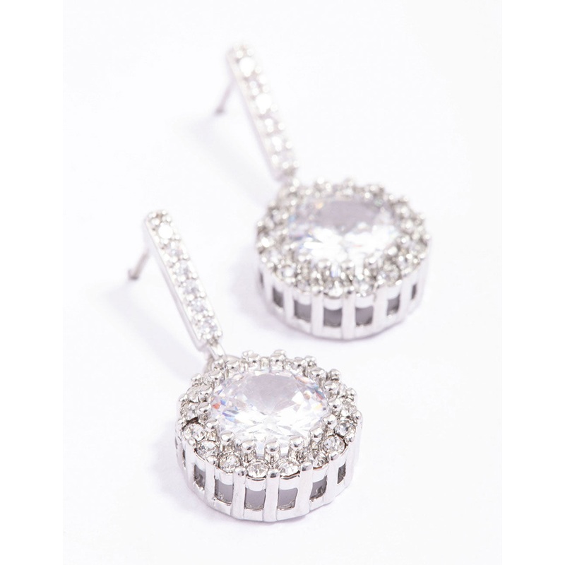 Silver Round Cushion Cubic Zirconia Drop Earrings